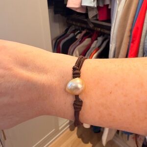 Genuine Pearl Bracelet with Brown Strap